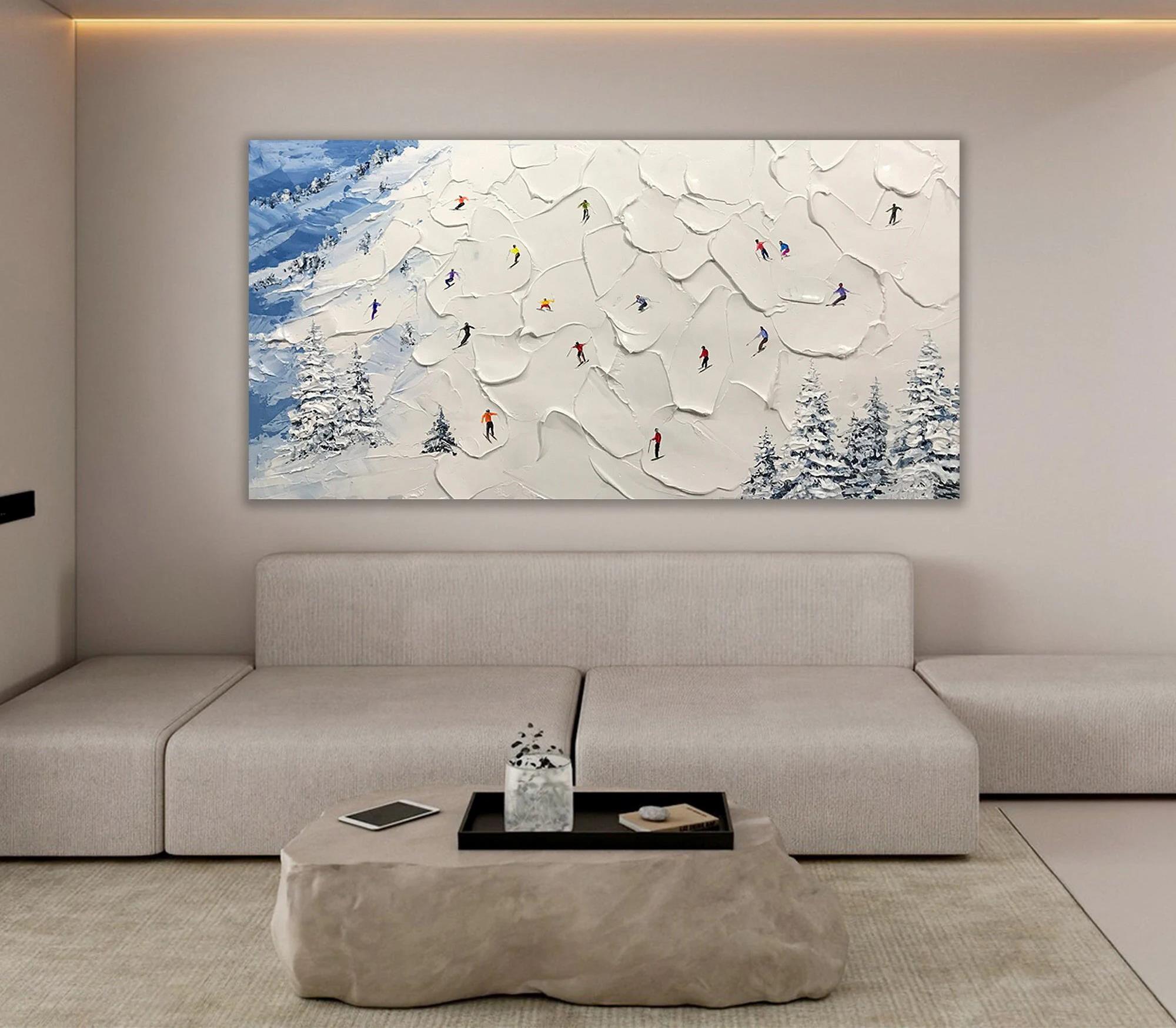 Skifahrer auf Schneebedeckter Berg Schneeskifahren von Palettenmesser Wandkunst Minimalismus Textur Ölgemälde